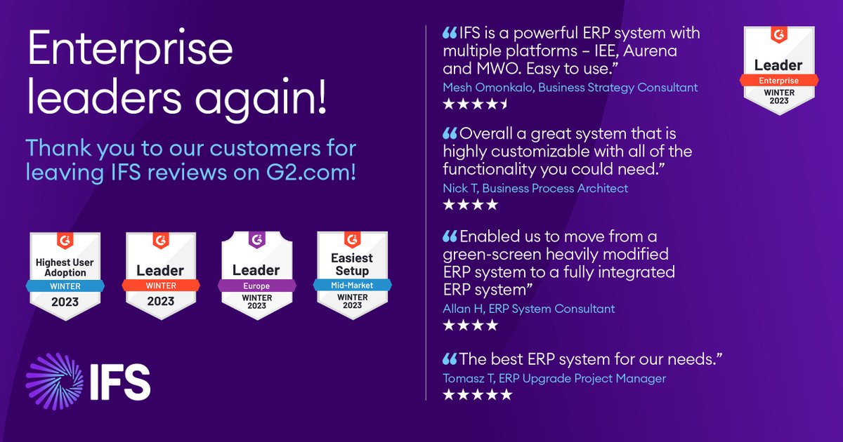 ifs's tweet photo. As we welcome in a new year it’s wonderful to learn that @IFS has ranked highly in several areas in the recent 𝗚𝟮 𝗪𝗶𝗻𝘁𝗲𝗿 𝗥𝗲𝗽𝗼𝗿𝘁𝘀 – with ratings coming directly from reviews left by IFS customers! 

A big thank you to every customer that submits reviews online 💜 https://t.co/oo2071aCa7
