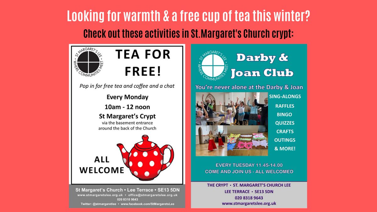 stmargaretlee's tweet photo. Looking for a warm space and a free cup of tea this winter? If so then come and join 'Tea for Free' and the Darby &amp; Joan Club in St. Margaret's Church Crypt on Mondays and Tuesdays - see poster for details. #warmhub #freetea #freecuppa #teaforfree #darbyandjoan #freeactivities https://t.co/cNoMdI6xo9