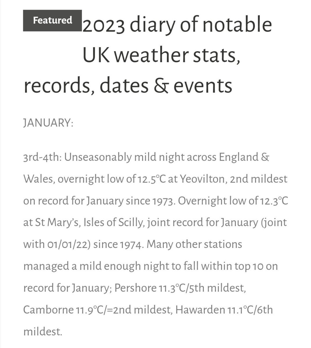 First entry on my '2023 diary of notable UK weather stats, records, dates & events' has been published, link below. Last night was one of the mildest January nights on record for parts of the country. 

🔗👇
officialwxuk.wordpress.com