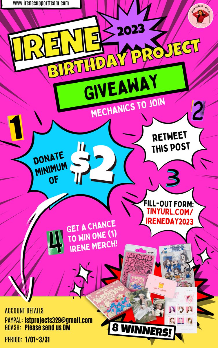 Baejoohyunews's tweet photo. ‼️GIVEAWAY‼️
Easy steps to do:
🗳️Donate a minimum of $2 in our ‘2023 #IRENE BIRTHDAY FUNDRAISING PROJECT’
🔁Share to your timeline about our fundraising
📂Submit form https://t.co/0xZK0zvcFo
🎁8 winners will get a chance to win IRENE merchs!
https://t.co/0Dez8ccJFp #ISTProjects https://t.co/BhofZq0ysB
