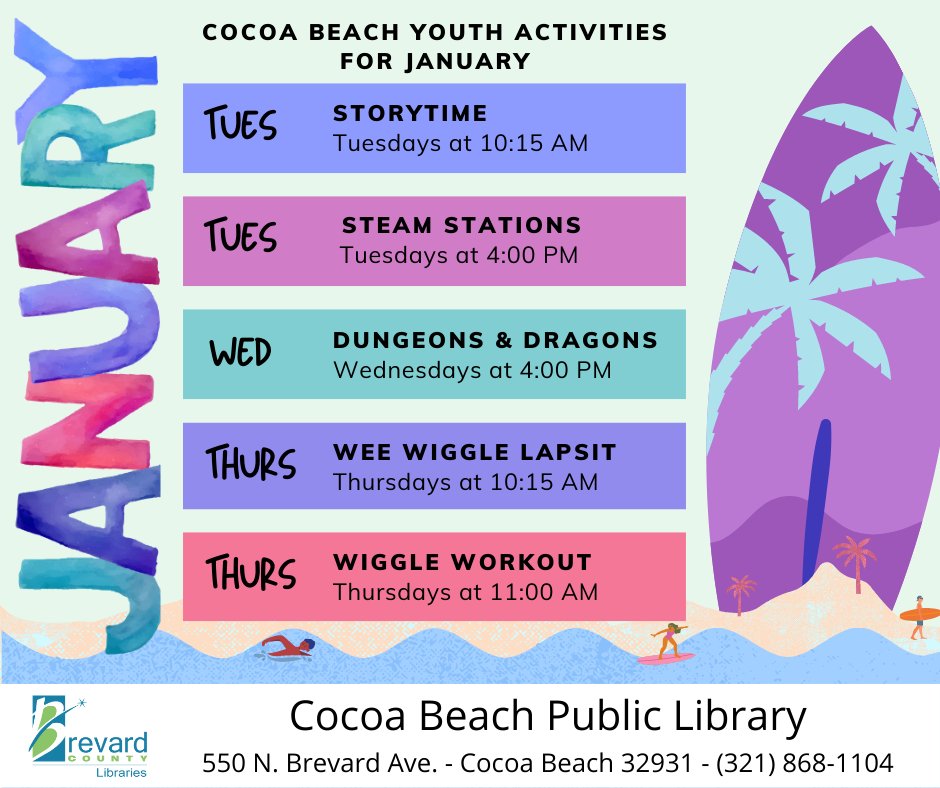 BrevLibraries's tweet photo. Ring in the new year with these fantastic events at the #CocoaBeach Public Library! #BrevardLibraries #SpaceCoast #StoryTime #Libraries https://t.co/S4uuhAkZIk