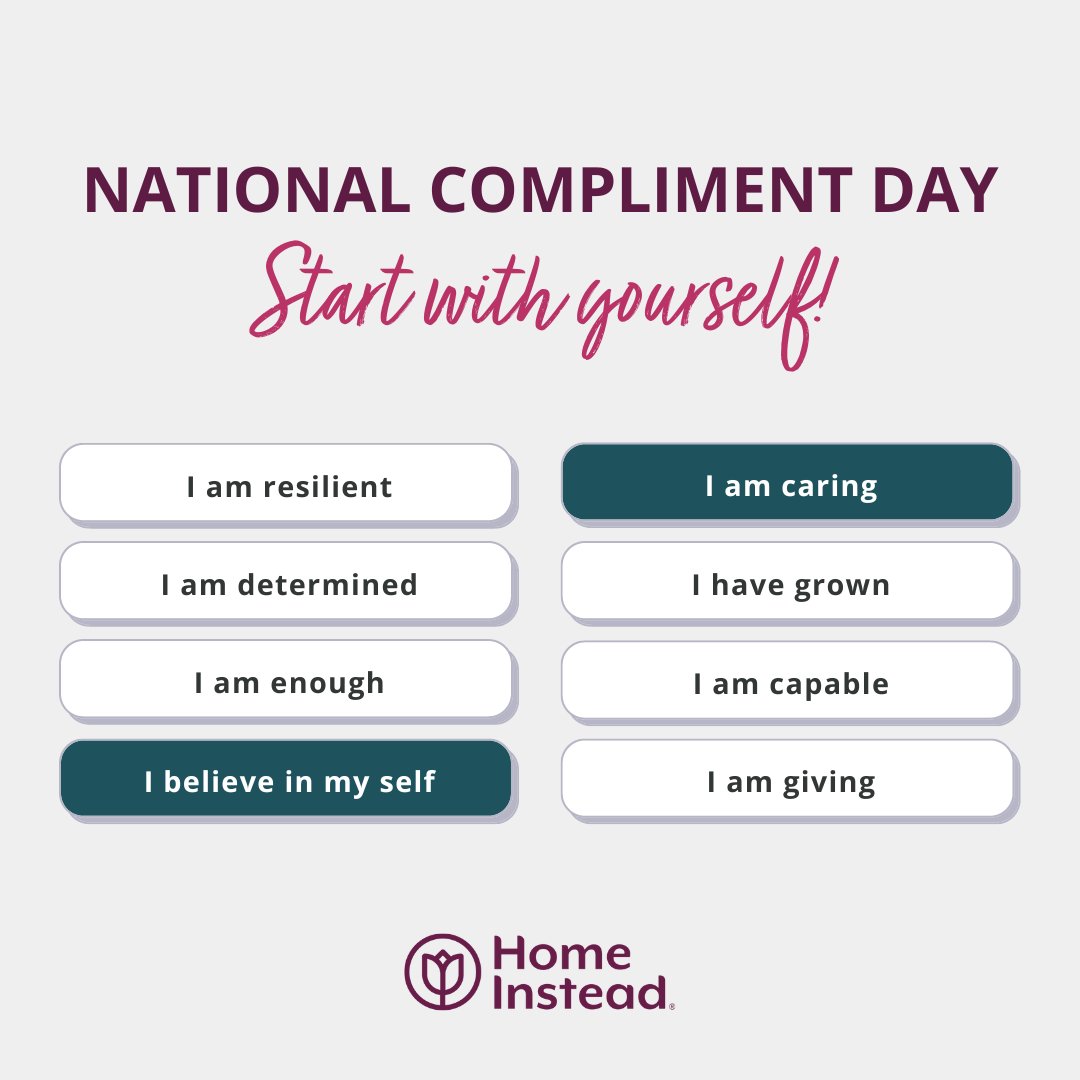Happy National Compliment Day! Compliments go a long way in helping those around us feel more positive. Why not start with yourself? Pick at least one from our list and say it to yourself out loud. 💜