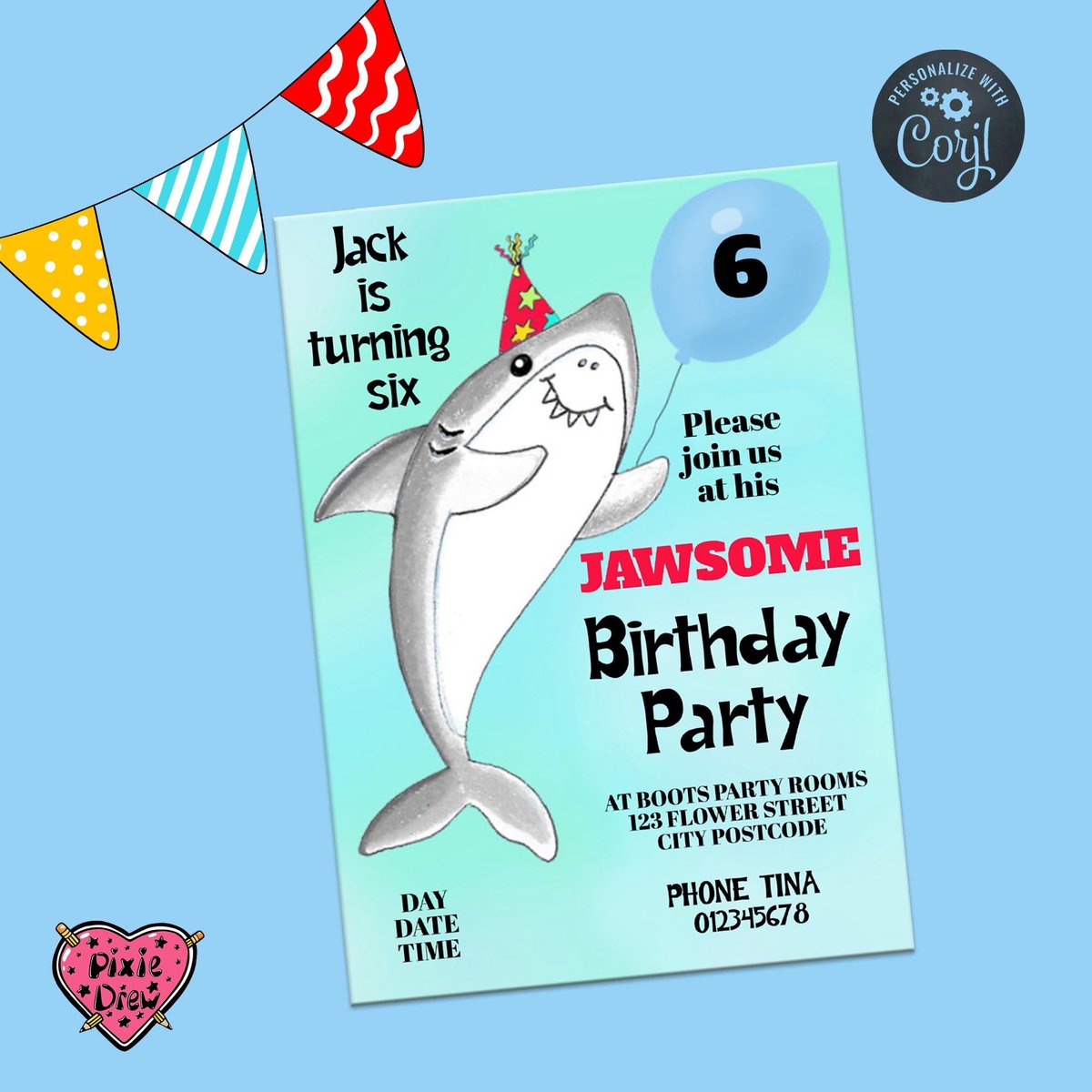 #Editable Jawsome Shark #Birthday party #invitation for children, template instant download to edit with #Corjl and print at home etsy.me/3vBwOVj