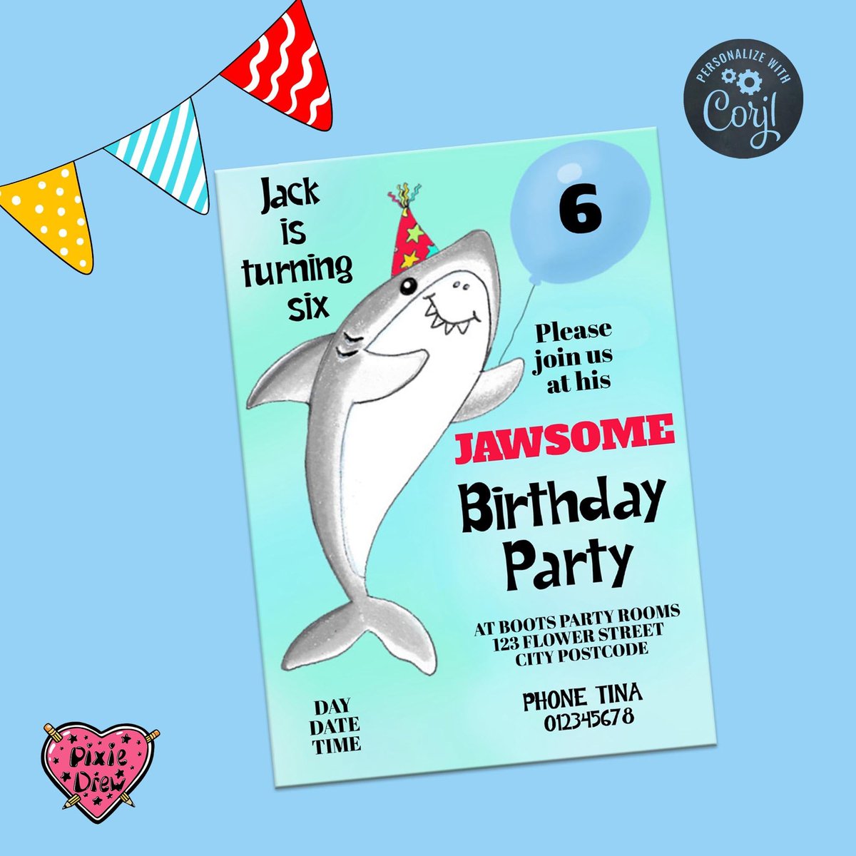 Pixiedrewdles's tweet image. #Editable Jawsome Shark #Birthday party #invitation for children, template instant download to edit with #Corjl and print at home etsy.me/3vBwOVj