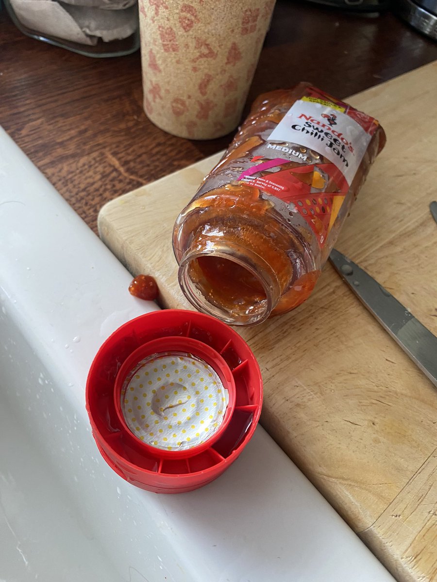 TallManJack's tweet photo. @NandosUK remind me to never open a bottle of your chilli jam ever again. 💣 bottle was actually smoking afterwards 🤯 https://t.co/v1saMniHMW