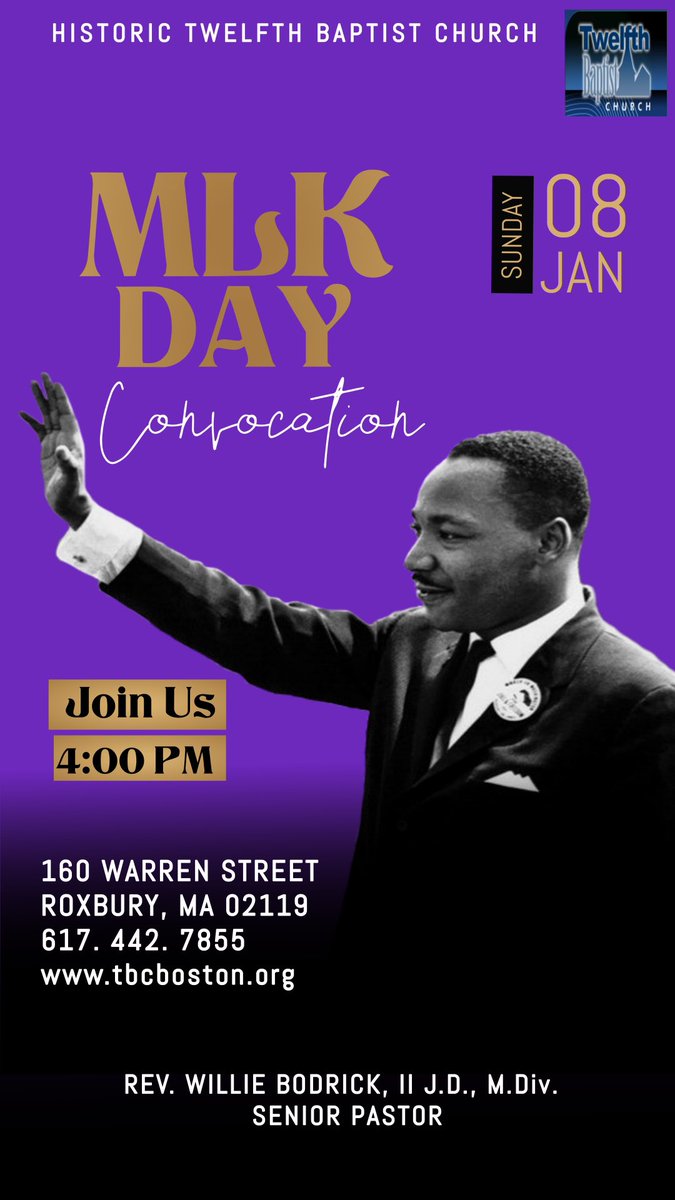 Twelfth Baptist Church (@twelfthbaptist) on Twitter photo Join us on Sunday, January 8, 2023 at 4:00 PM for <a href="/TwelfthBaptist/">Twelfth Baptist Church</a> Church’s Annual MLK Convocation!
We invite you to share with us in person and virtually!
#tbcboston #MLK2023 Join us on Sunday, January 8, 2023 at 4:00 PM for <a href="/TwelfthBaptist/">Twelfth Baptist Church</a> Church’s Annual MLK Convocation!
We invite you to share with us in person and virtually!
#tbcboston #MLK2023
