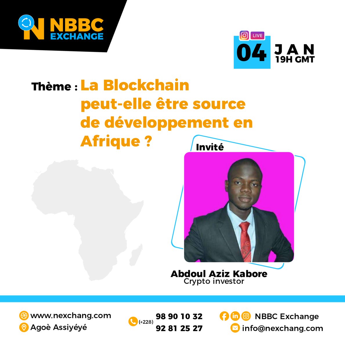 Le pays des hommes intègres nous éclairera sur les cas d'utilisation bénéfique de la technologie blockchain en Afrique
Rdv sur notre pages Instagram à 19h GMT
L'avenir de nexchang.com se trouve dans vos mains