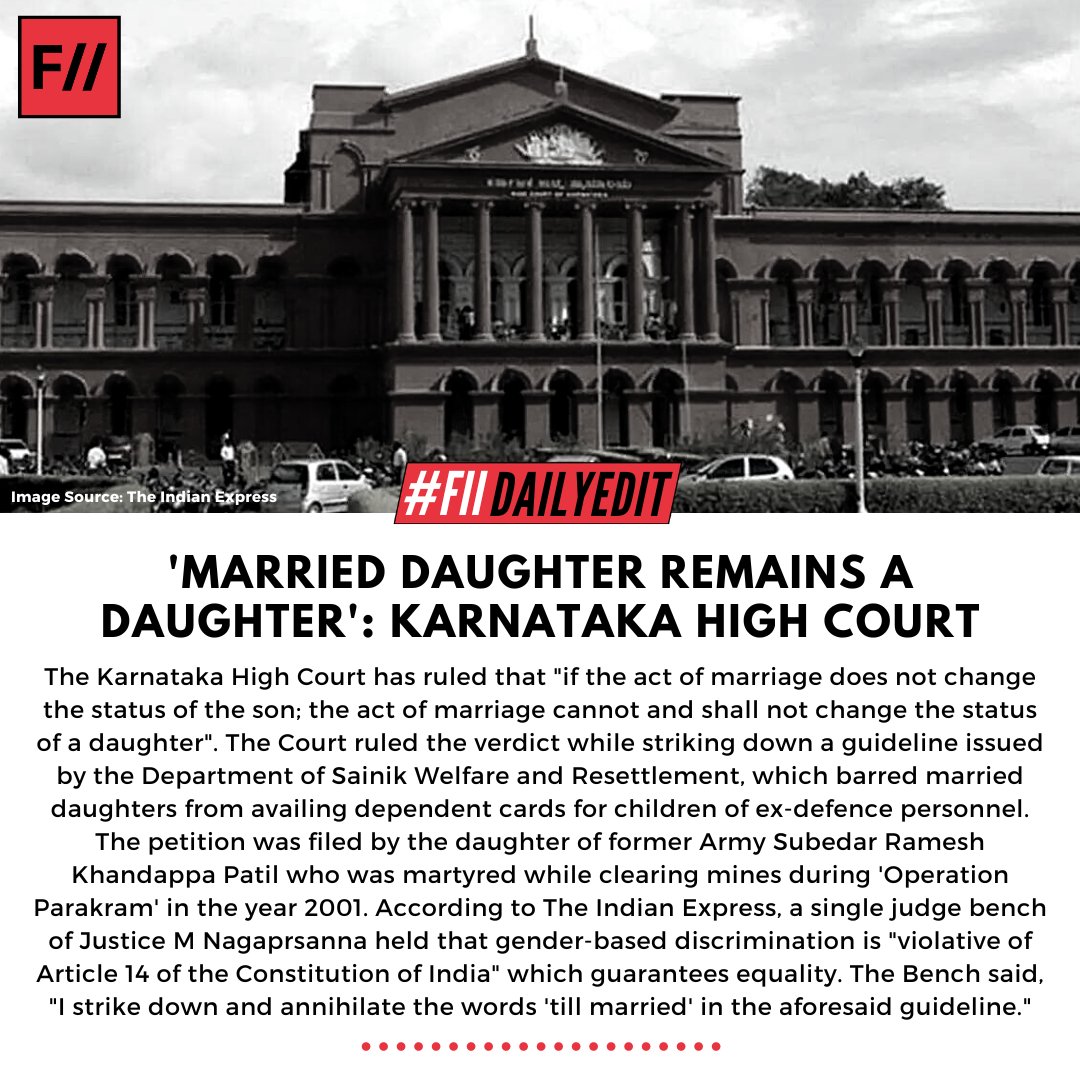 FeminismInIndia's tweet photo. 📢📢#NEWS: 'Married Daughter Remains A Daughter': Karnataka High Court #FIIDailyEdit (1/n)

Read the full report here: https://t.co/kxjZdIjOri https://t.co/aBbLCsb56q