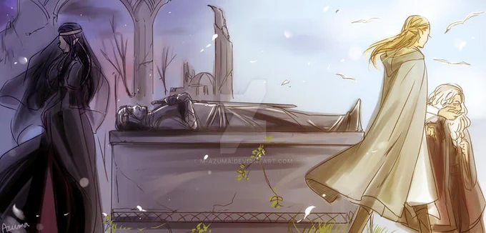 Legolas y Gimli se despiden de Aragorn y parten a Valinor. Arwen falleció un año después de tristeza en la colina de Cerin Amroth en el bosque de Lothlórien, en el mismo lugar en el que ella y Aragorn se habían comprometido muchos años atrás.M-azuma 