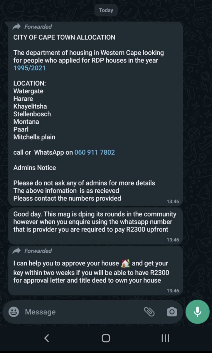 SCAM ALERT. It has come to our attention that the following #Whatsapp Message is doing the rounds on social media. This is a Scam. #ForYou #Scam #Bedrogspul <a href="/ewnreporter/">EWN Reporter</a> <a href="/eNCA/">eNCA</a> <a href="/SABCNews/">SABC News</a> <a href="/HeartFMNews/">Heart FM News</a> <a href="/Smile904FM/">Smile90.4 FM</a> <a href="/Newzroom405/">Newzroom Afrika</a> <a href="/News24/">News24 🇿🇦</a> <a href="/IOL/">IOL News</a> <a href="/Netwerk24/">Netwerk24</a> <a href="/Sonkoerant/">Son Koerant</a> <a href="/TimesLIVE/">Times LIVE</a>