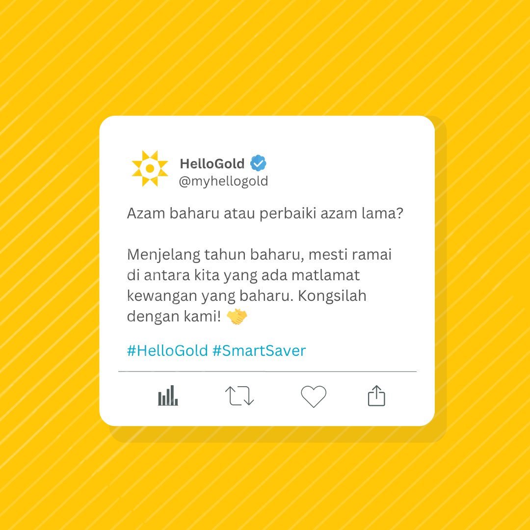 Kewangan anda, pilihan anda. Pilih keputusan yang terbaik untuk masa hadapan yang cerah.

Cuba fikir, jika anda boleh capai sesuatu pada tahun baru, apakah matlamat tersebut?

#HelloGold #SmartSaver