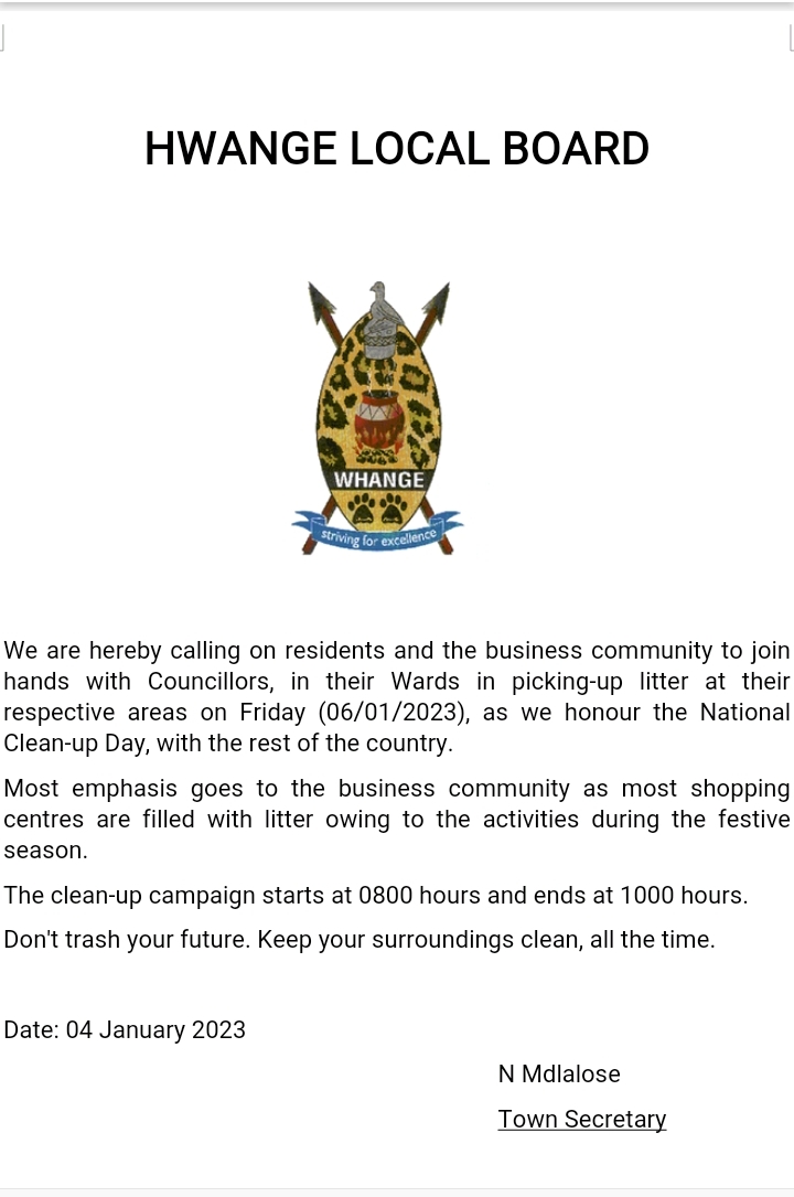 Let's start our year on a "Clean Slate". Let's keep our environment clean. Keep Hwange Clean!