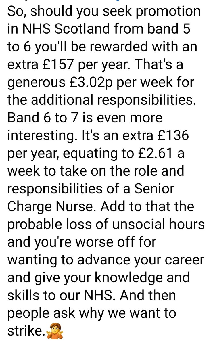 joolzl23's tweet image. Thank you @Vickykeir for sharing.
There really is no incentive to climb the nursing ladder.Especially from 6-7 - the responsibility alone just isn&apos;t worth it, I could say more 🤐
@scotgov @HumzaYousaf need to listen to @RCNScot members #FairPayforNursing #rcnstrike