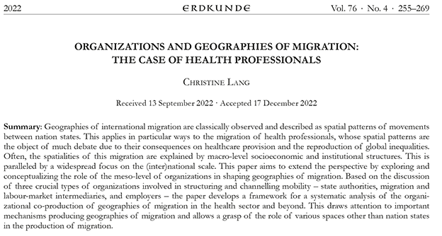 Hot off the press! New article on ‚Organizations and geographies of #migration: The case of health professionals by @ChrMLang doi.org/10.3112/erdkun…