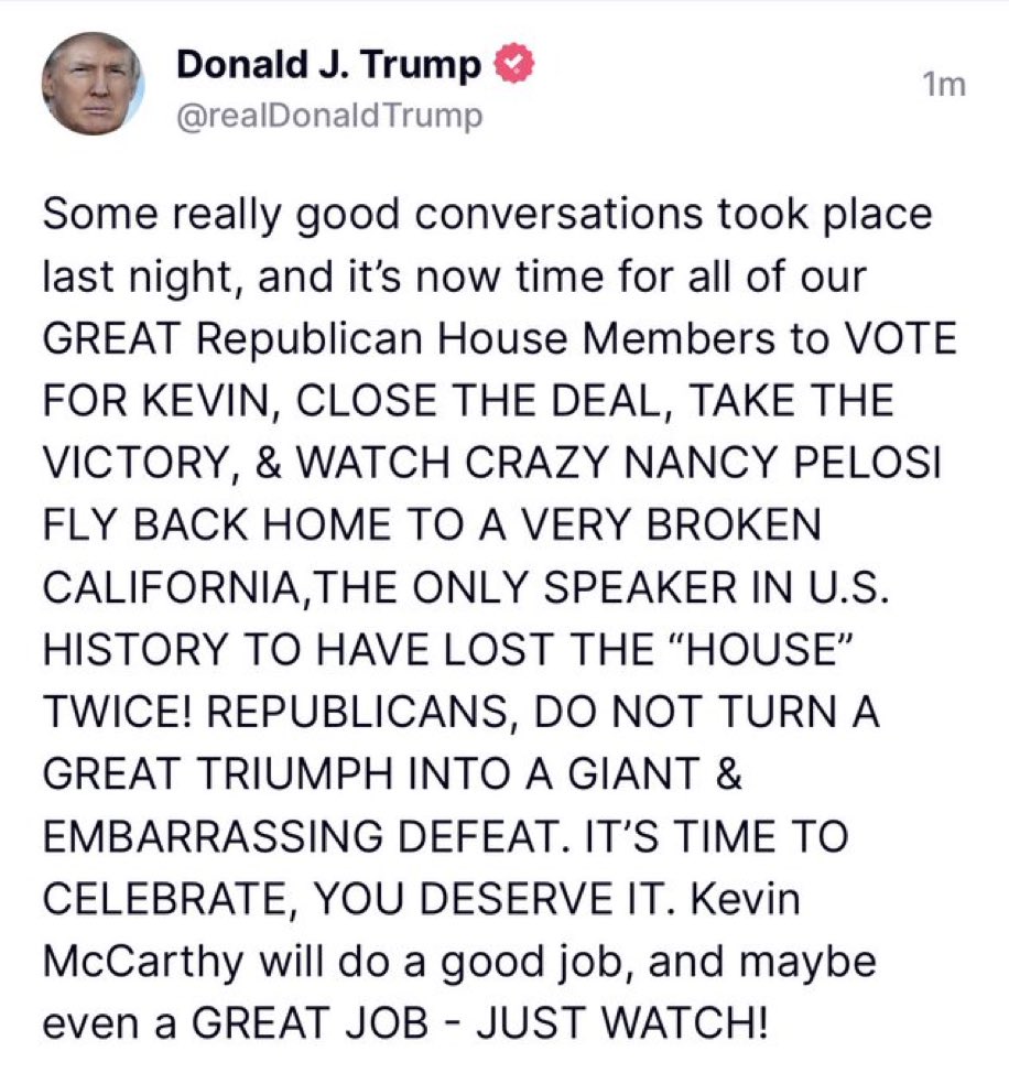 Well guys, you had a 1-day run. Trump is giving your orders now. Look forward to watching you fold & become eternally powerless. @RepRalphNorman @RepGosar @RepBobGood @RepEliCrane @Rep_Clyde @RepDanBishop @RepAndyBiggsAZ @RepScottPerry @RepRosendale @RepBoebert @RepCloudTX