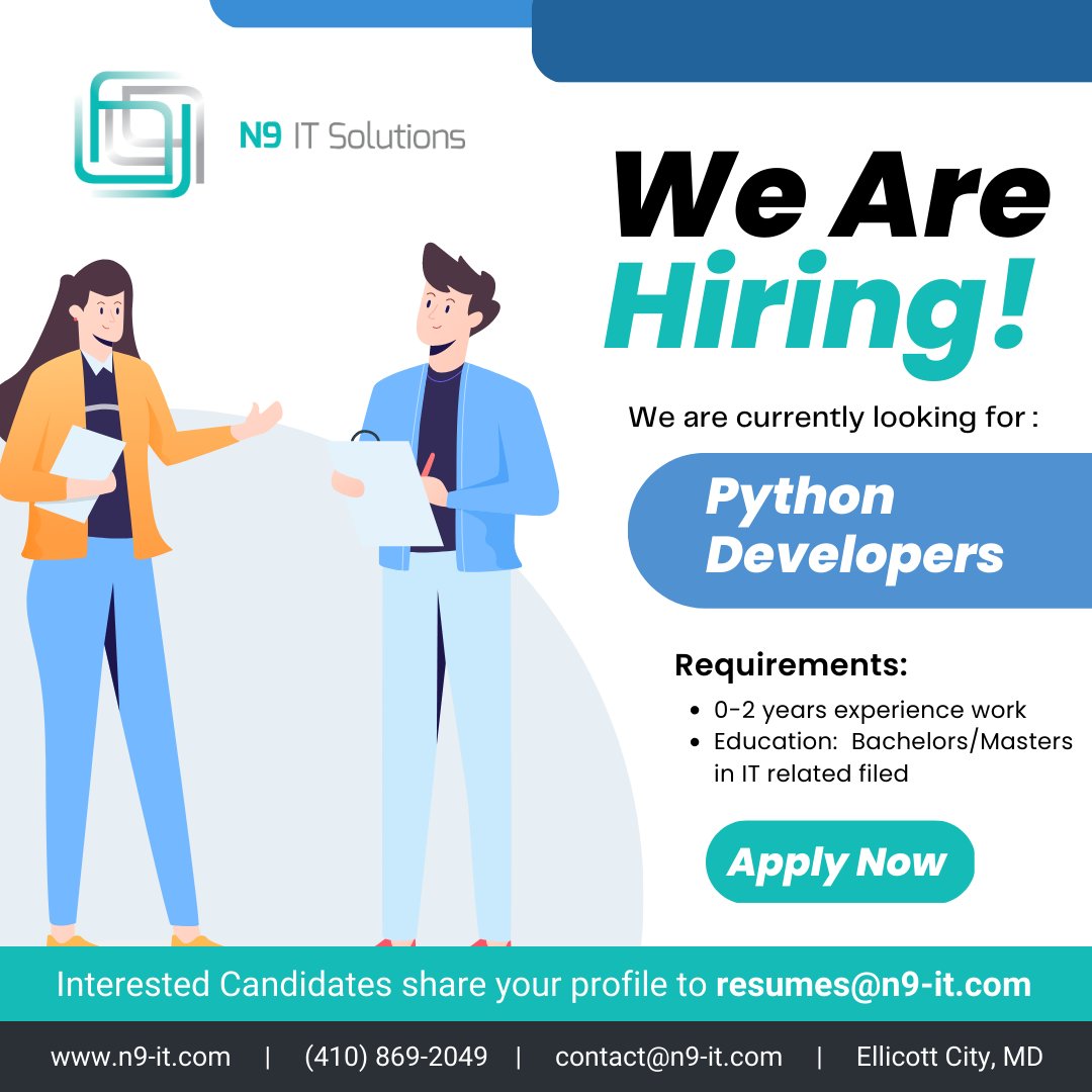 n9_IT_solutions's tweet image. We are hiring for the position of Python Developers in our USA location.
just mail your resume to resumes@n9-it.com
Contact us for more details - +1 410-869-2049
Website - n9-it.com
#python #pythonprogramming #pythonjob #DevOps #devopsjobs #pythonjobsusa