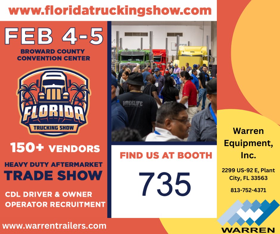 WarrenCompanies's tweet photo. We are 1 month away from the Florida Trucking Show in Ft. Lauderdale, FL. The show is February 4-5th! Be sure to come see us at booth 735 in the Broward County Convention Center. For more information, visit https://t.co/Ip1XRfXE3i https://t.co/8YuKqX3yP6