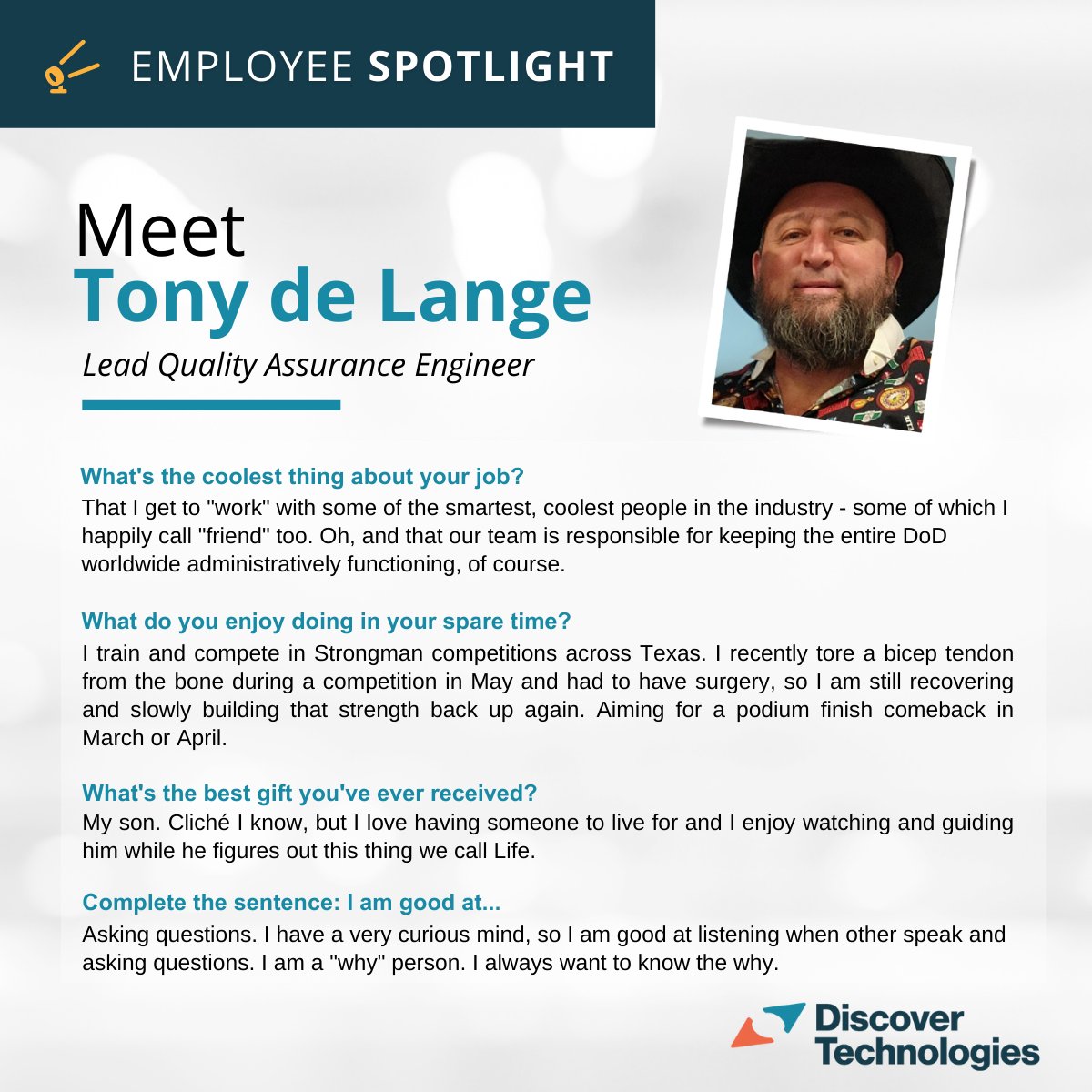Discover__Tech's tweet photo. Meet Tony de Lange, Lead Quality Assurance Engineer at @Discover__Tech! Tony is our #employee #spotlight for #December. Thank you for all that you do, Tony! #employeespotlight #thankyou #cheers #qualityassurance #qa #engineer https://t.co/1DqjOV1Qfj