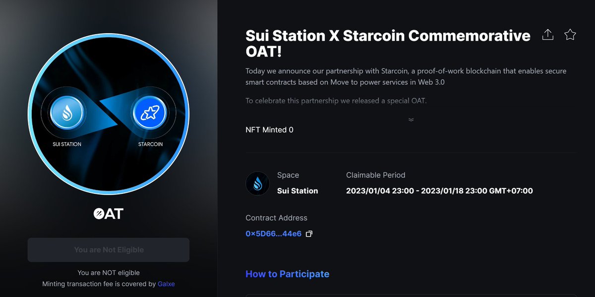 🥳 SUI STATION X <a href="/StarcoinSTC/">Starcoin Blockchain</a> 🥳

To celebrate our partnership, we’re releasing a special OAT!

1️⃣ Like, RT this tweet
2️⃣ Finish the tasks and claim: galxe.com/suistation/cam…

This OAT will be useful in the future. Claim this OAT now!!!

#SuiStation #Sui $SUI #Airdrop #Suinami
