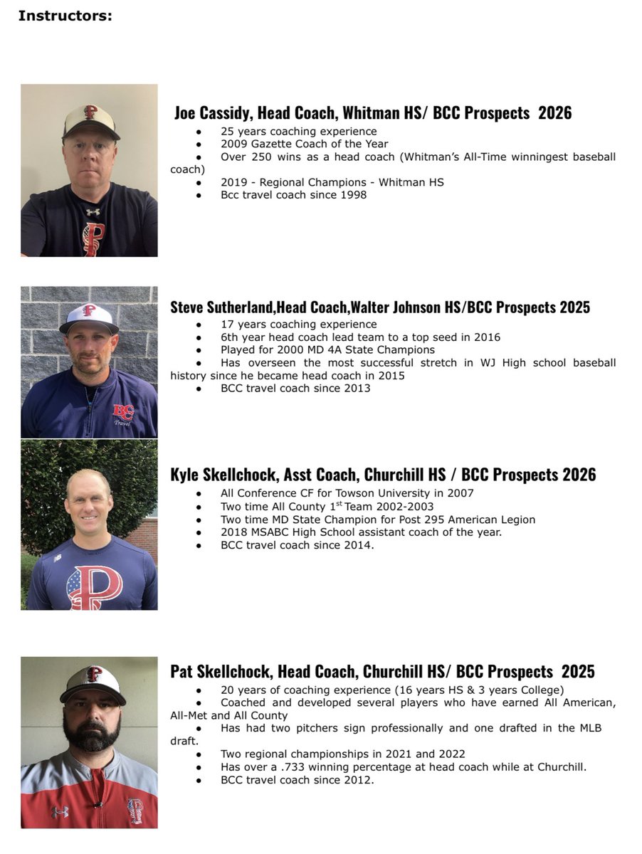 BCCBaseballMD's tweet photo. Bethesda Prospects Camp is back for Summer 2023 for 4th-9th graders. Join the HS Varsity Coaches and their staff at WJ HS, Churchill HS, and Whitman HS and enjoy some baseball! https://t.co/ryq9VfCveD https://t.co/dRBRrLOHdF