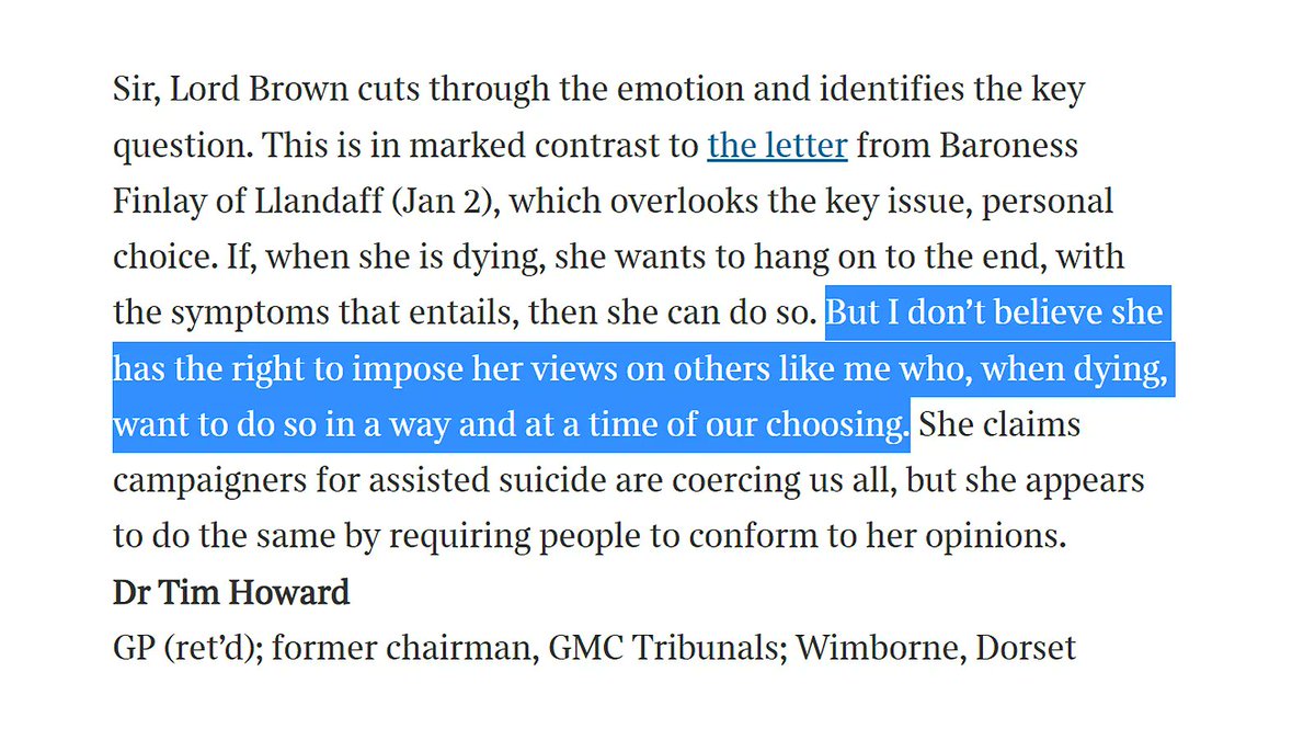 Assisted dying is about personal choice and autonomy. A sensible letter from Dr Tim Howard - Retired GP and former chairman of the General Medical Council disciplinary tribunal system. thetimes.co.uk/article/291b80…