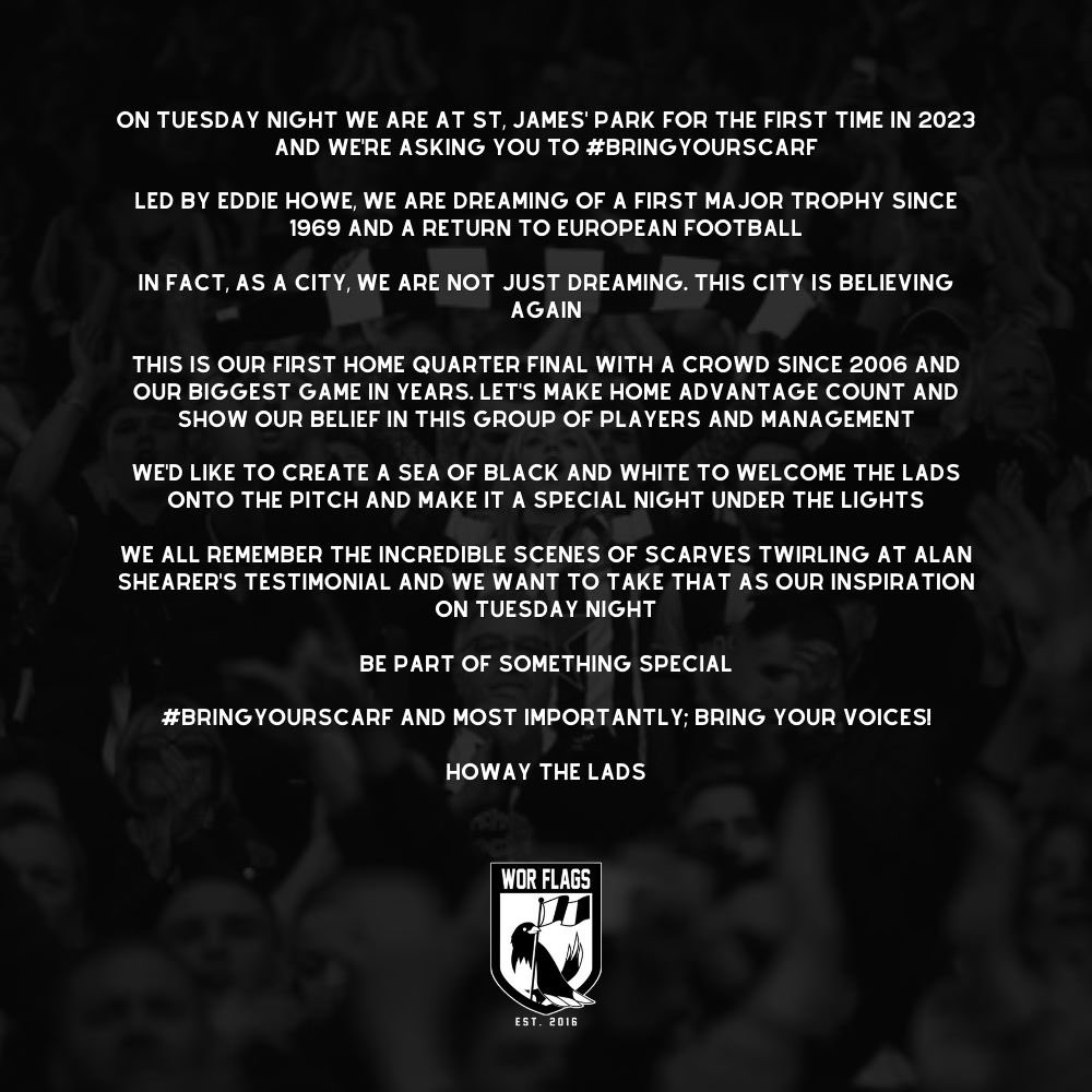 NUFC360's tweet photo. Let’s make Tuesday night special. 

Bring your black and White scarf and show the world what the Toon Army can do.

#BringYourScarf   #NUFC https://t.co/9YBROpKI8O