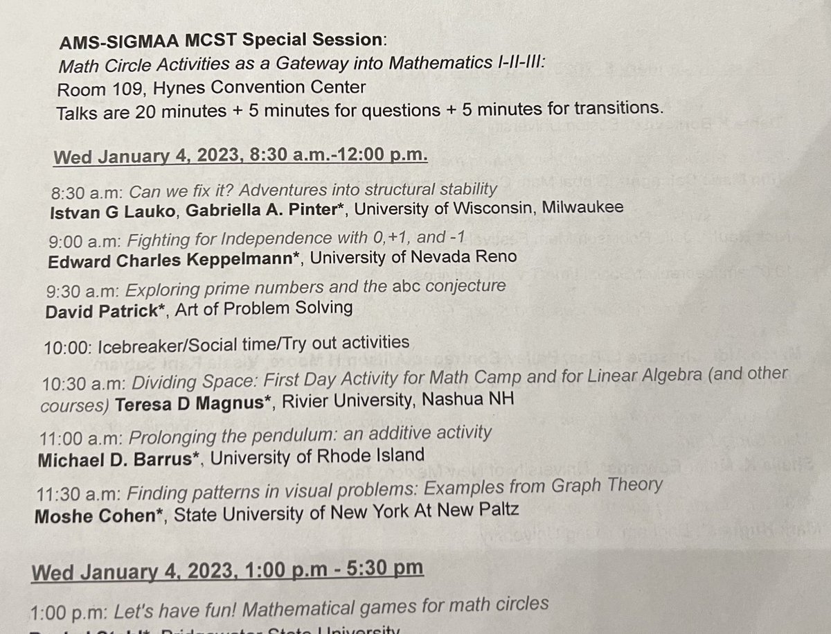 DrBrandyMath's tweet image. The SIGMAAMCST #jmm2023 session on  #MathCircle Activities as a Gateway into Mathematics is about to begin. Join us in HynesConvention 109 today and tomorrow morning.