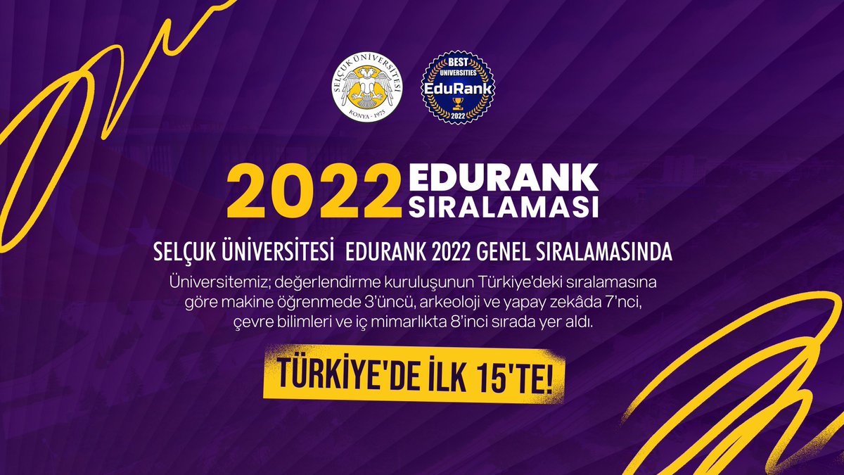 selcukuniresmi's tweet photo. Üniversitemiz, “EduRank 2022” listesine göre Türkiye’de ilk 15 üniversite arasında yer aldı.
#EduRank
#SÜBilimeYatırımYapanÜniversite https://t.co/KL42LNnAQe
