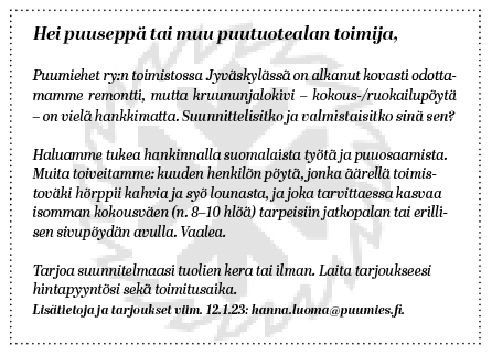 Puumiehet ry:n remontoitu toimisto Jyväskylässä odottaa ehkä juuri sinun suunnittelemaasi kokous- ja ruokailupöytää.