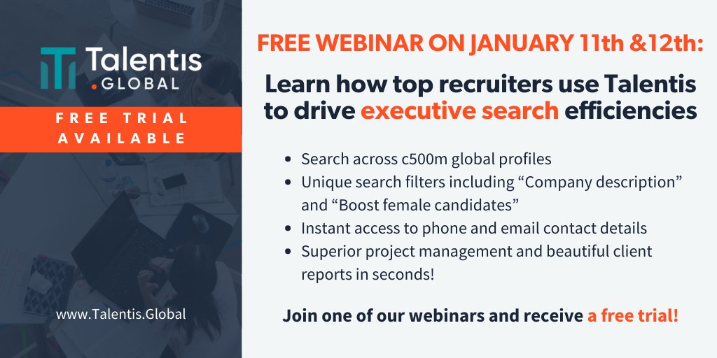 Starting a new executive search assignment soon? Join an upcoming webinar: bit.ly/3WKsPSq to see how Talentis can jump start your candidate identification (and more!) Join and receive free access for a week – see how impactful it will be for your firm!