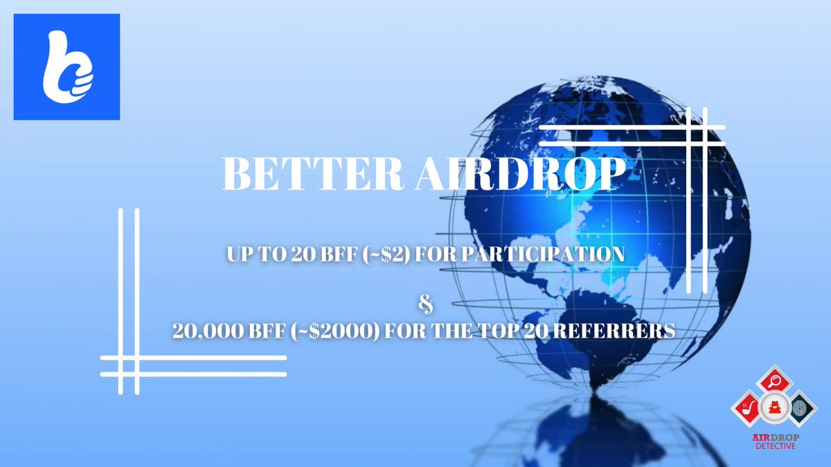 🔍 Better #Airdrop

💲Reward: Up to 20 BFF (~$2) + 20K BFF(~$2K) referral pool

🔴 Start the airdrop bot t.me/BetterAirdropB…

🔘 Do the tasks on the bot &amp; submit your data

🔘 Details: youtu.be/2zX41W0OnY4

#Airdrops #Better #Bitcoin #AirdropDetective #Cryptocurrency