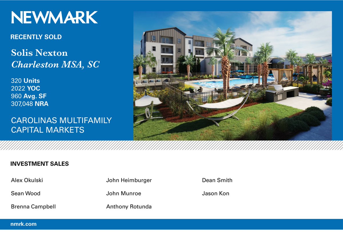 Newmark_SE's tweet photo. Congratulations to our Carolinas #Multifamily team on their recent sale in Charleston MSA.
Carolinas Investment Sales Team:  Alex Okulski, John Heimburger, Dean Smith, Jason Kon, Sean Wood, John Munroe, Brenna Campbell, Anthony Rotunda https://t.co/KujnJGCsHc
