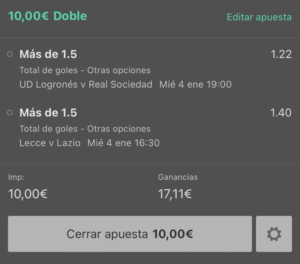 Monkeymantips's tweet photo. Jugada del día de hoy. 

Copar del Rey 🇪🇸 
📍Más 1.5 goles en el partido
Serie A 🇮🇹 
📍Más 1.5 goles en el partido

#MonkeyTeam #apuestas #bet #futbol #apostador #tipster #stats #money #aciertos #telegram #canales #estadisticas #apuestasdeportivas #deportes #sports #win https://t.co/sAEU0HbiFv