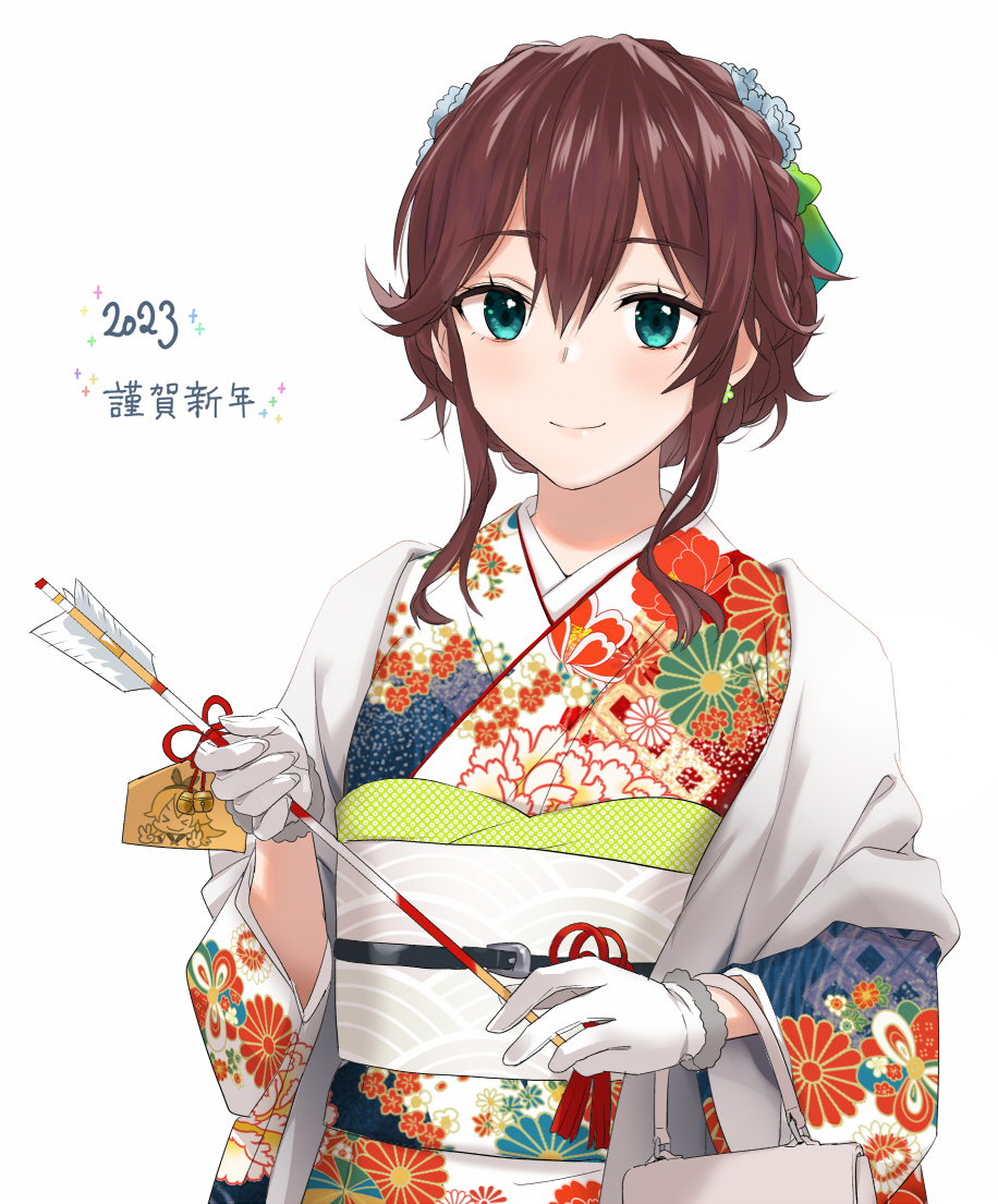 noshiro (kancolle) 1girl japanese clothes gloves solo kimono brown hair white gloves  illustration images