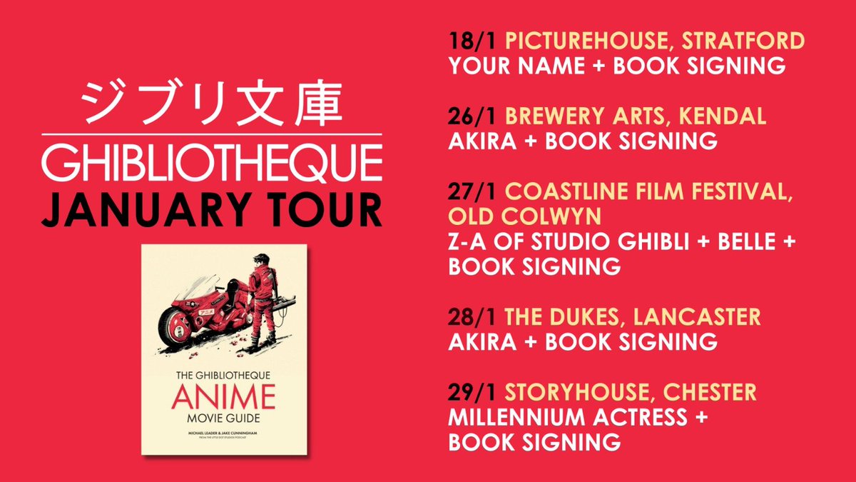 This month we're hitting the road again!

Our January tour takes us to London, North Wales and North West England, with screenings of Your Name, Akira, Belle and Millennium Actress, plus discussions and book signings afterwards.

Full details below! 🧵
