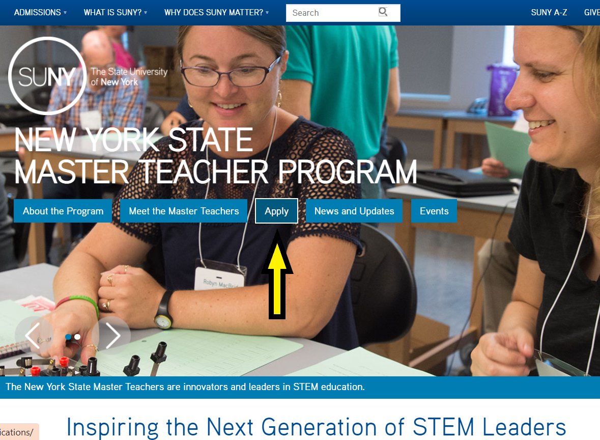 Applications accepted from eligible K12 STEM teachers and K12 counselors. Visit suny.edu/masterteacher for details and to register for an Info Session. 

#stem  #EdLeaders @SUNY #STEMleaders #excellenceinteaching #outstandingteacher #innovativeteacher