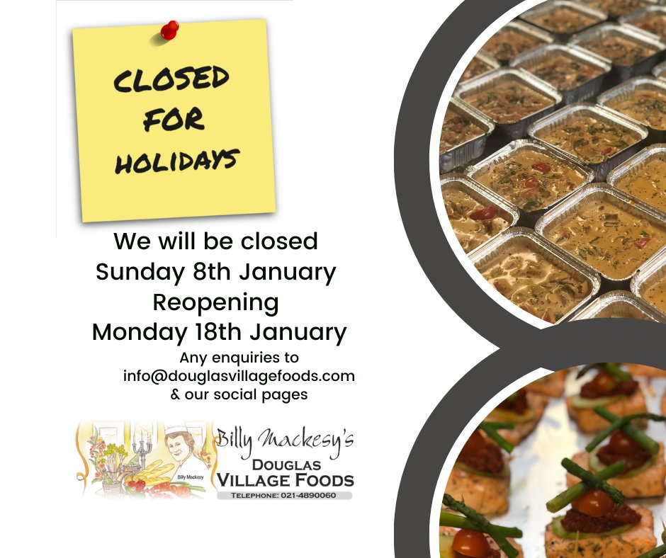 BillyMackesys's tweet photo. Please note we will be closed  Sun 8th Jan &amp; reopening Mon 18th Jan
Stay safe &amp; we look forward to seeing you again soon. 
https://t.co/SracazmEo6 #Irishfood #shopcorkonline #shoplocal #wearecork #foodmadesimple #catering #dinner https://t.co/VIpvOpvaDB