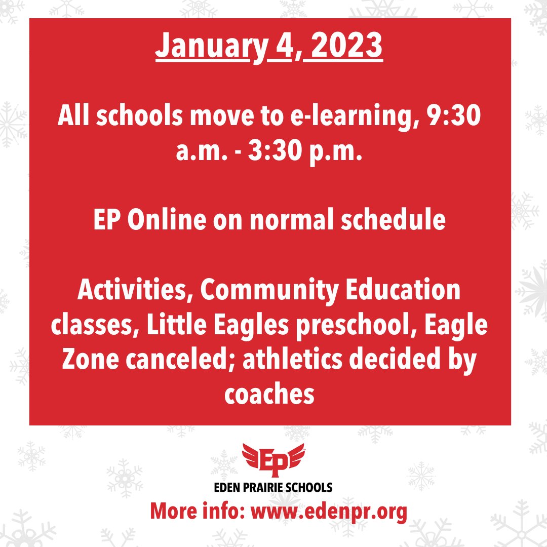 UPDATE: Due to increased effects of the winter storm, we are moving to e-learning today, Wednesday, Jan. 4, 2023. Please check your student’s Schoology page or watch for additional communication from teachers about lessons. The school day will be 9:30 a.m.-3:30 p.m. for students.