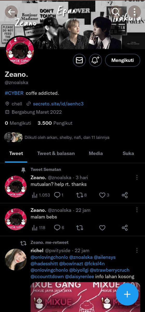 zeanopt2's tweet photo. kenal nih akun @znoalska ngga? ya ini akun baru gw. akun gw yg lama ke lock, jadi siapapun mari mutualan, klo lewat bantu rt/thanks https://t.co/gcBr7WYXNs