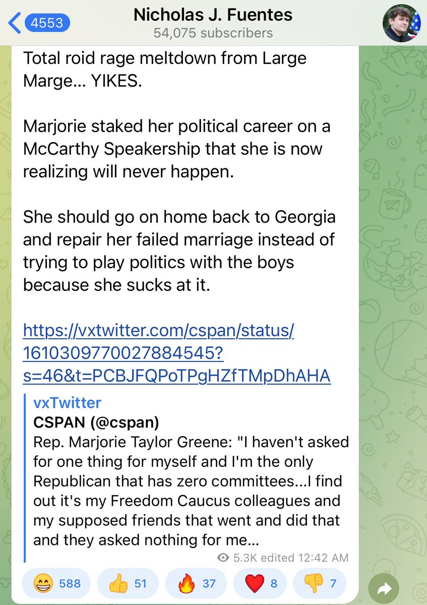 patriottakes's tweet photo. Nick Fuentes attacked Marjorie Taylor Greene, hints there is a damaging “green room” recording from AFPAC III he is thinking about releasing.

Fuentes: “Time for goofball to walk her highlights and her mom jeans back home to Georgia, she is not cut out for this.” https://t.co/2XUMsbnt40