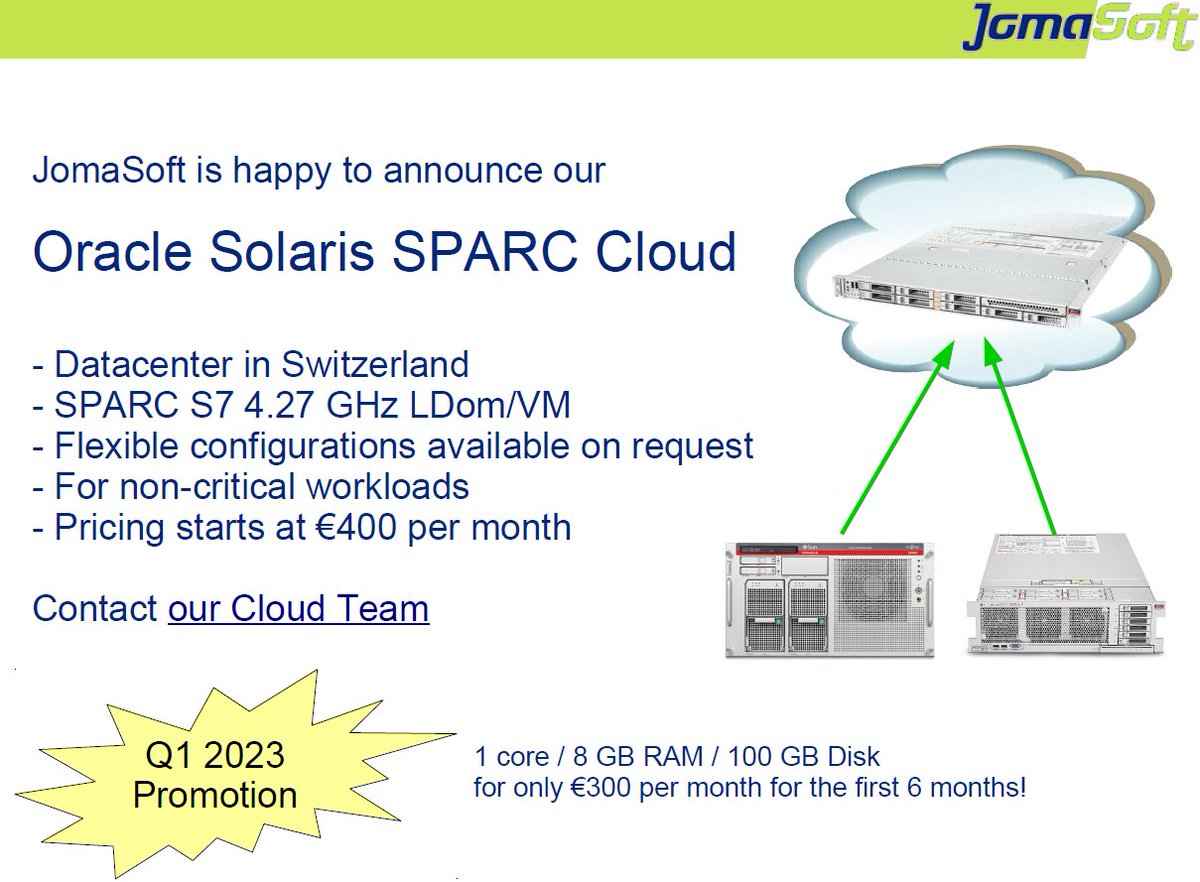 marcel_jomasoft's tweet image. We start 2023 with our new flexible @jomasoft Oracle Solaris SPARC Cloud!

bit.ly/sparc_cloud_pr…

#sparc #solaris #oraclesolaris #sparccloud