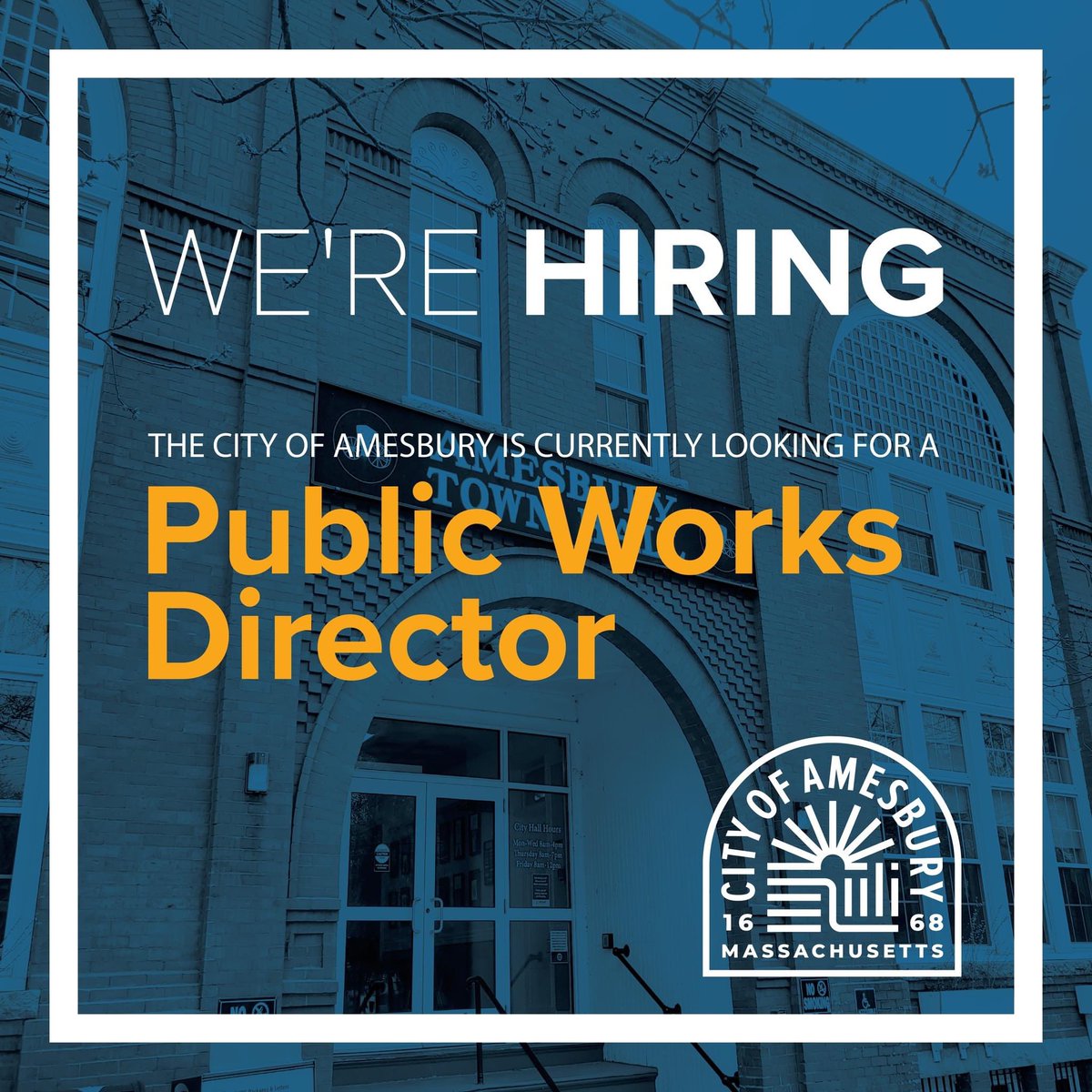 The City of Amesbury is hiring for a Public Works Director. For details, visit bit.ly/3X1C6Fl. #amesbury #Massachusetts #cityofamesbury