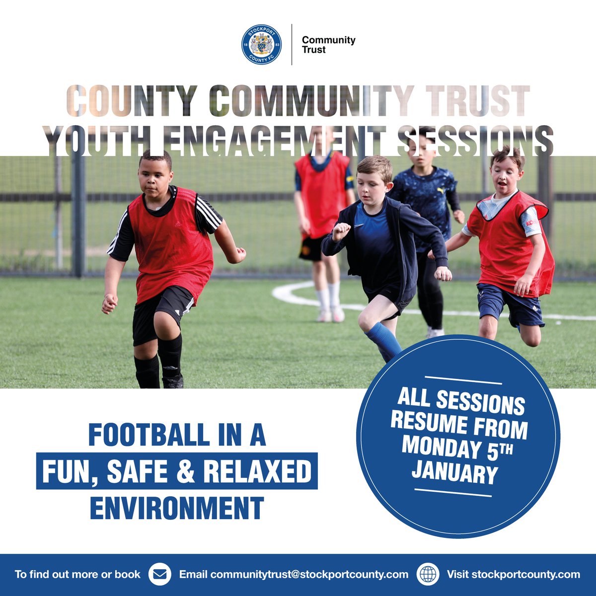 We are excited to start welcoming our @StockportCounty @SCFCCommunity participants back to our free Youth Engagement Sessions across Stockport, Tameside & East Cheshire from Monday for a great 2023! Sessions are open to boys and girls aged 10-16. #CountyCommunity