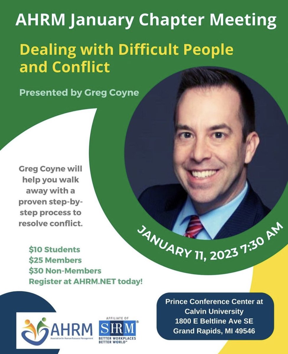 AHRMGR's tweet photo. We're one week away from our first chapter meeting of 2023! Join us on January 11th to learn more about what triggers us in difficult situations, how to respond to those situations, and some de-escalation techniques. Register today at https://t.co/kNuZ3mpWTR to save your spot! https://t.co/umwdzi1IAd