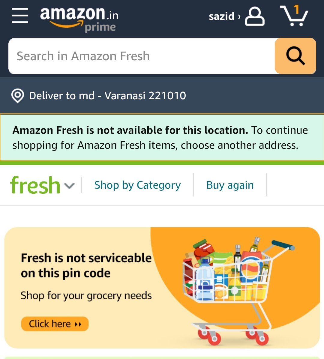 leksrdl's tweet photo. @amazonIN @AmazonHelp @AmazonFresh 
Amazon fresh service is not available at my pincode from 2nd Jan. 
so I want to know whether it is temporary problem or this service has been stopped at my pincode. 
How long will it take to resume Amazon Fresh service if it is temporary? https://t.co/YNWFTVrLM6