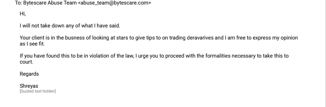 BandiShreyas's tweet photo. I will not be taking down a single thing I've said 

This is the so called "legal notice"

Attached the response ive sent over email, let's go to court, I will consider the expense a social service to rid society of such people @harshubh https://t.co/dE3H7k1zm3