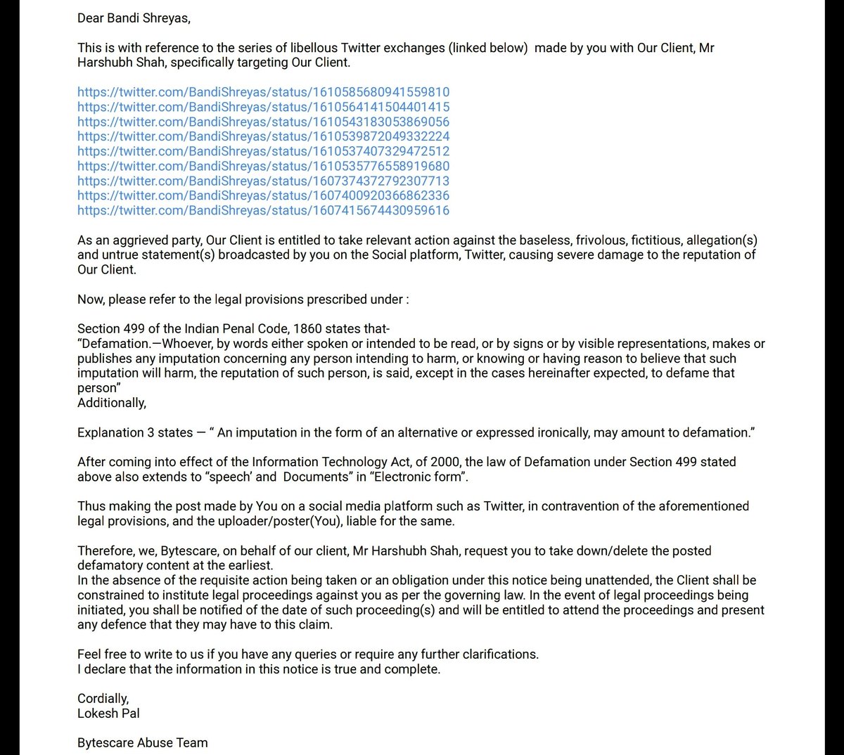 BandiShreyas's tweet photo. I will not be taking down a single thing I've said 

This is the so called "legal notice"

Attached the response ive sent over email, let's go to court, I will consider the expense a social service to rid society of such people @harshubh https://t.co/dE3H7k1zm3