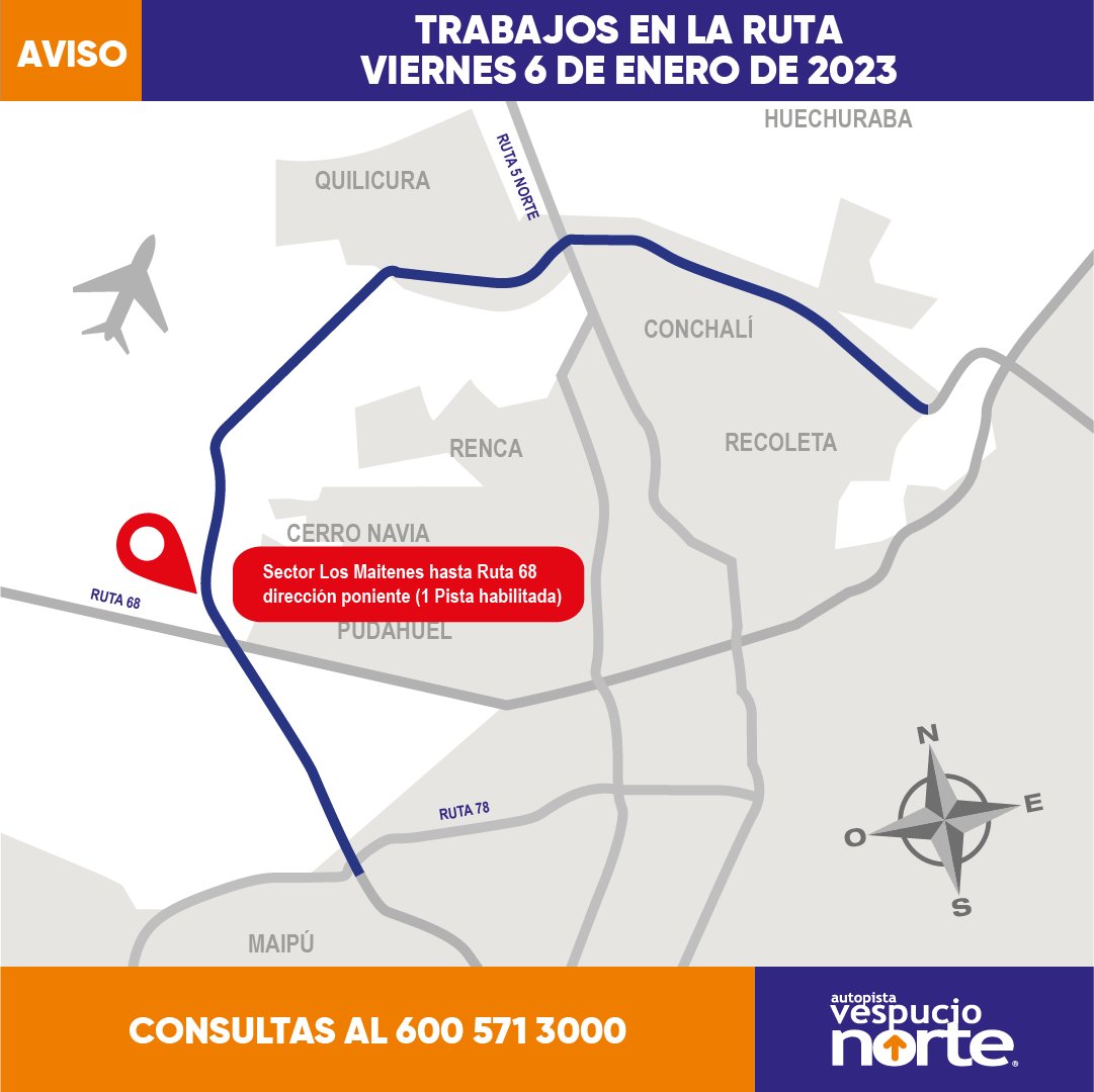 Vespucio_Norte's tweet photo. #EstaNoche⚠️
Desde las 22:00 hrs hasta las 06:00 AM
Una pista habilitada al poniente desde #Maitenes hasta #Ruta68 por TRABAJOS DE MANTENIMIENTO VIAL.
Atención a la señalización del lugar.
@TTISantiago @radiocarab @biobio @mop_chile https://t.co/7QMgEE8XDA