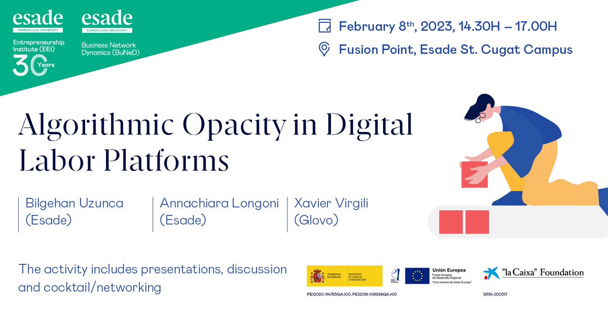 esadeEEI's tweet photo. Are you interested in understanding how algorithmic transparency/opacity affects the management, evaluation, & discipline of a freelance workforce?
Join the discussion in #BuNeD's workshop on #OpaqueAlgorithms πhttps://t.co/p8hcwU58NC
@bilgehan_uzunca #EEI30years https://t.co/HX64ExDj4l