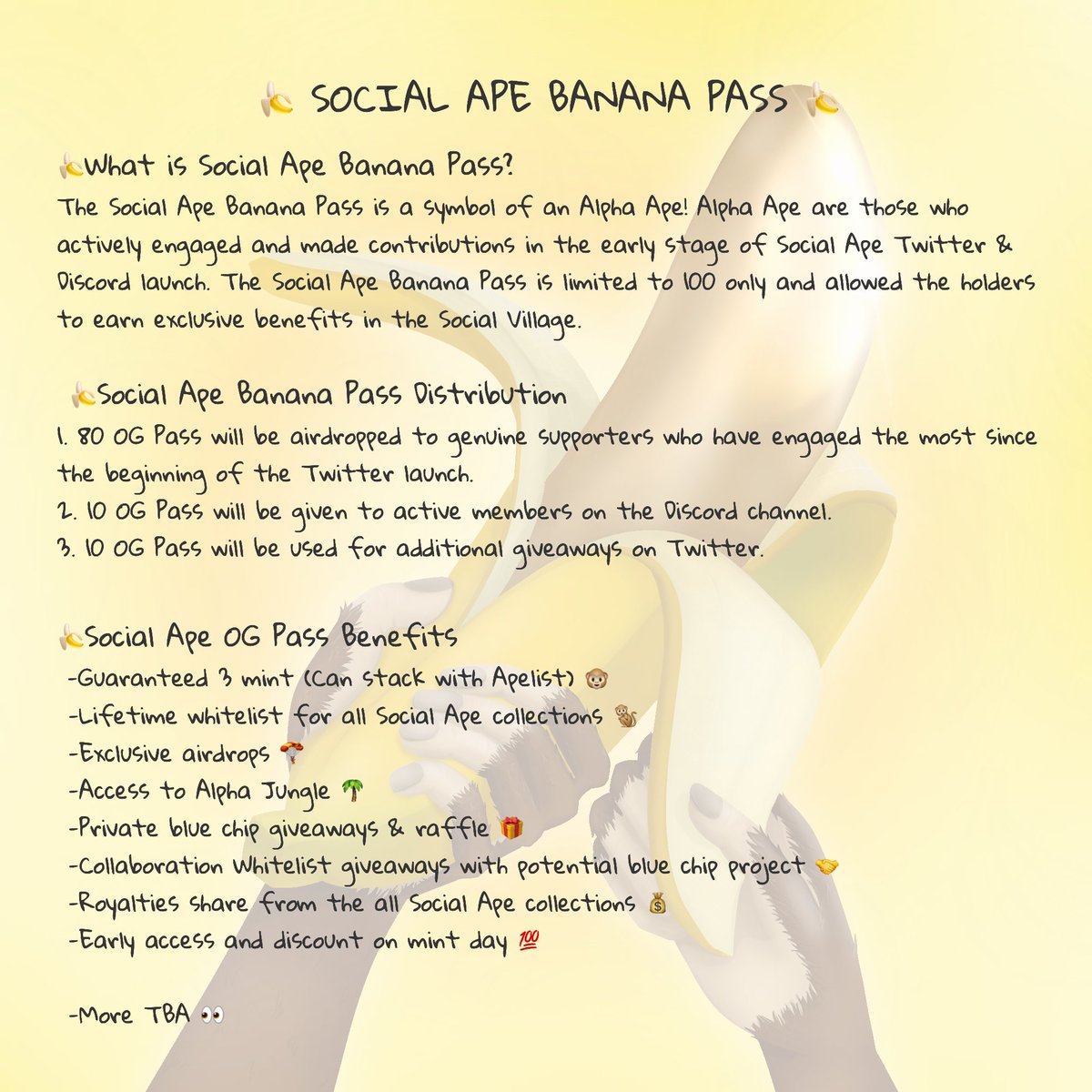 SocialApe_CNFT's tweet photo. Dear Apes✨

Before the Early Invitation start, we would like to make an important announcement✨ We heard the voices of the community! So, we decide to endow additional utility to the Banana Pass! 

Interact for a chance to get a Banana Pass🍌

#CNFT #CNFTCommunity #CNFTGiveaway https://t.co/s2yTDakNht
